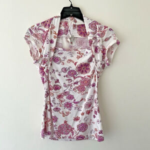 Y2K Tee Cap Sleeve Top Floral Paisley Pink Purple Fairy Grunge XL Made in USA